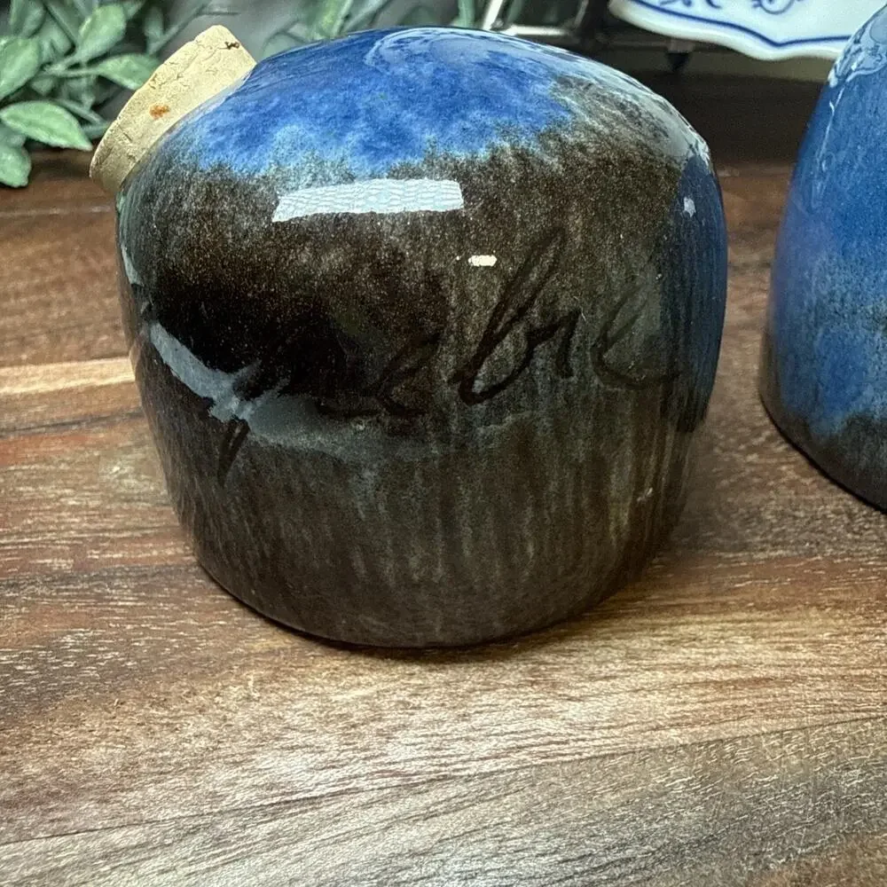 Spanish Studio Pottery SAL PEBRE Salt Pepper Shakers Blue Drip Glaze Vintage
